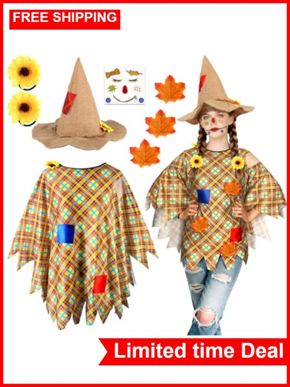 Scarecrow Costume Set with Hat, Poncho, Face Decals, Sunflowers